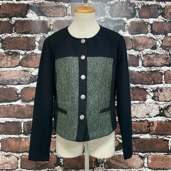 Cabi Jacket Women's Medium Green Black Mixed Media Blazer Cropped Snap Buttons - Picture 4 of 15